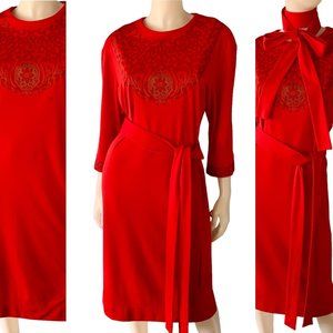 Vintage 70s Shaheen Mandala Print Shift Dress Size 8 Holiday Career Red Belted